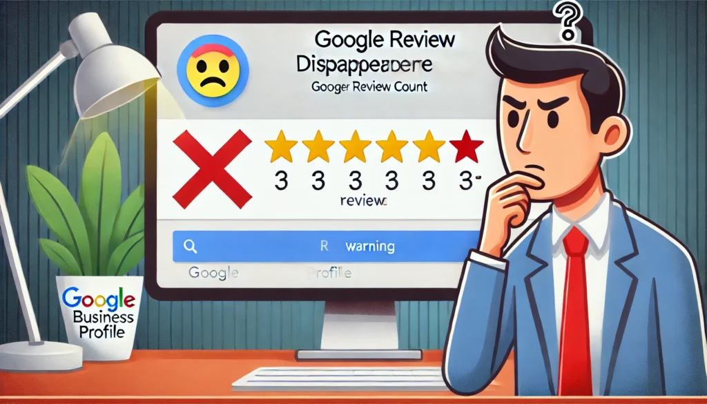 Cartoon of man puzzled by disappearing Google reviews