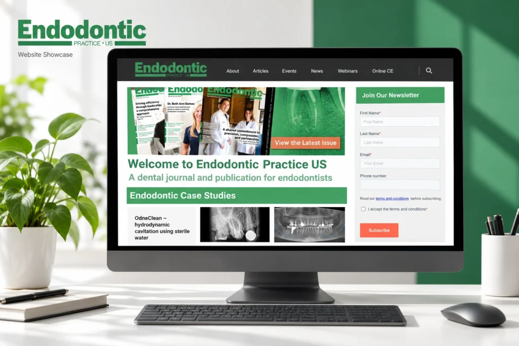 Desktop monitor displaying a branded presentation mockup of the Endodontic Practice US website
