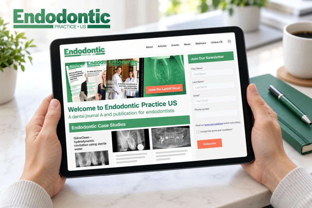 Hands holding an iPad showing a branded presentation mockup of the Endodontic Practice US website