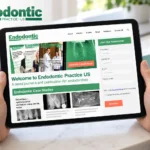 Hands holding an iPad showing a branded presentation mockup of the Endodontic Practice US website