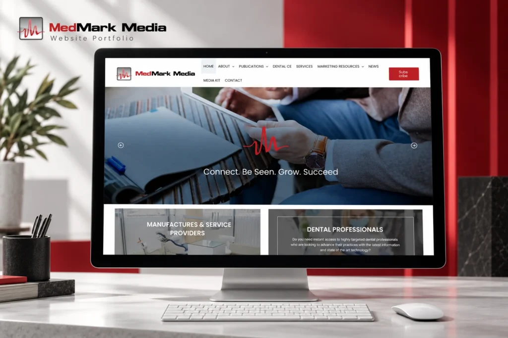 MedMark Media website displayed on a desktop monitor with red and black branding