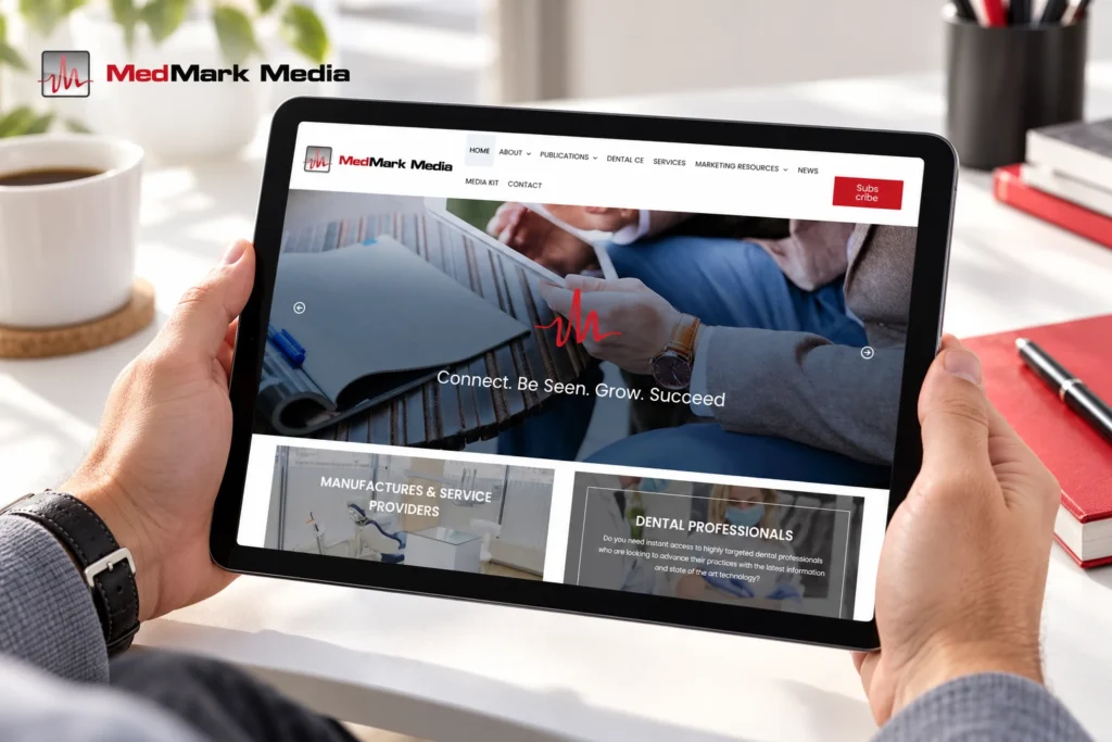 Hands holding an iPad displaying the MedMark Media website