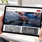 Hands holding an iPad displaying the MedMark Media website